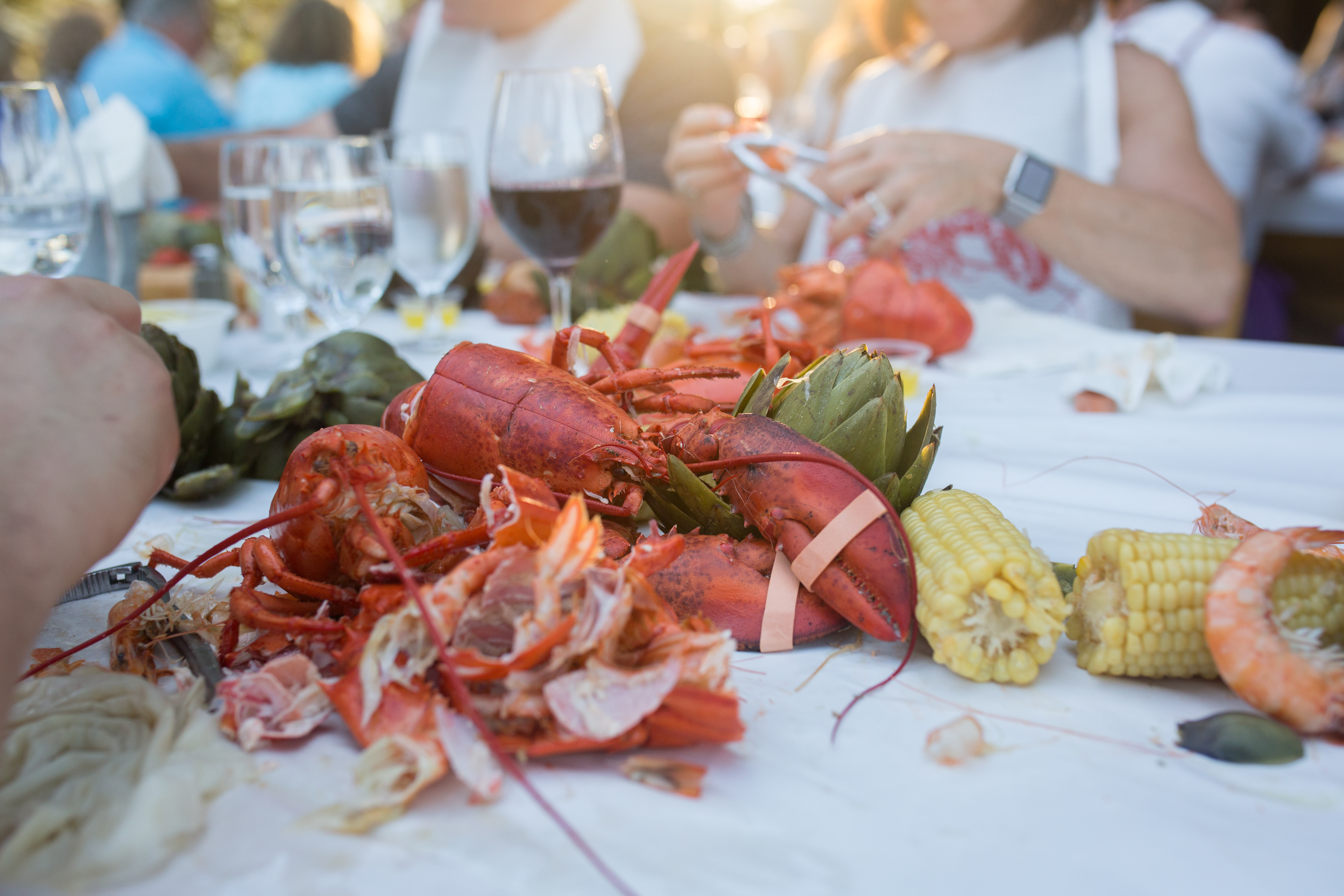 Lobster and vegetables on a table with wine and people in the background at Trentadue's Sonoma County Winery.